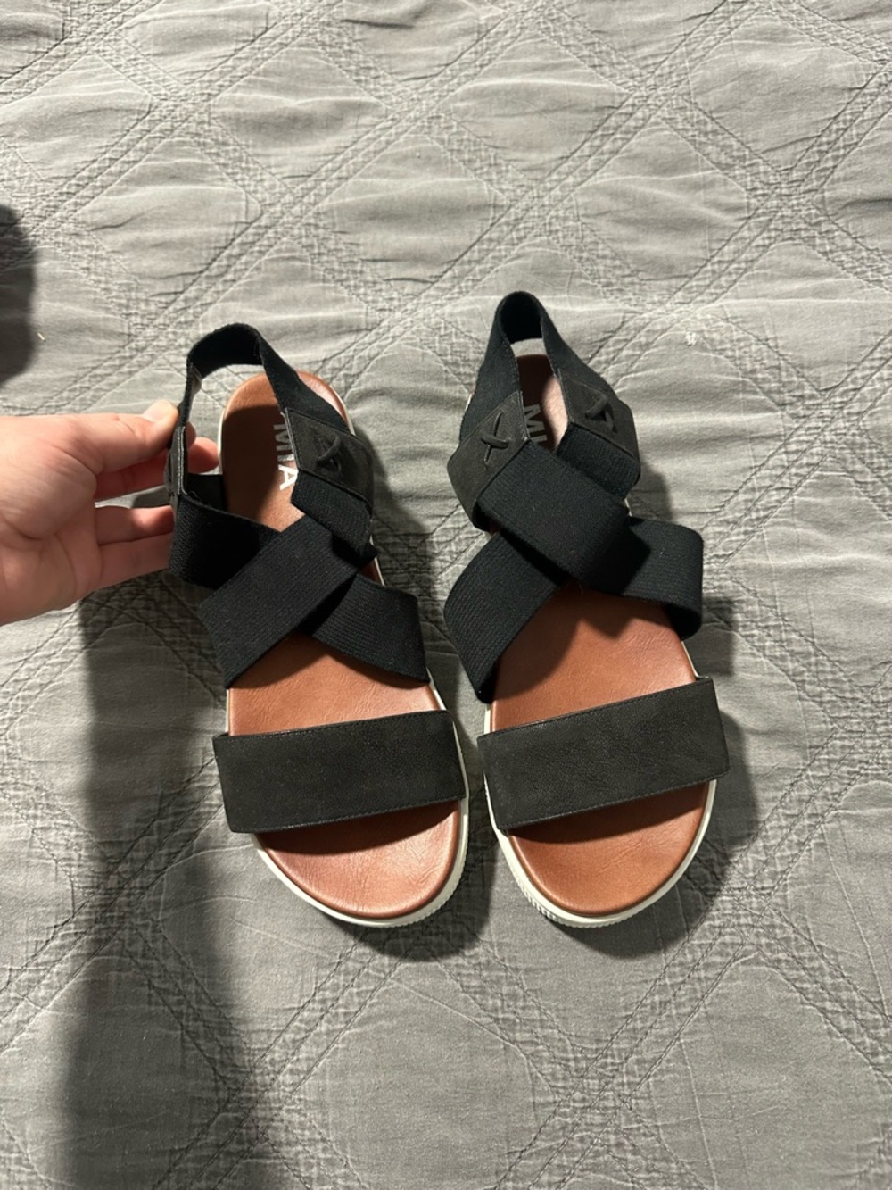 MIA Black Strappy Slide Sandals with Brown Footbed